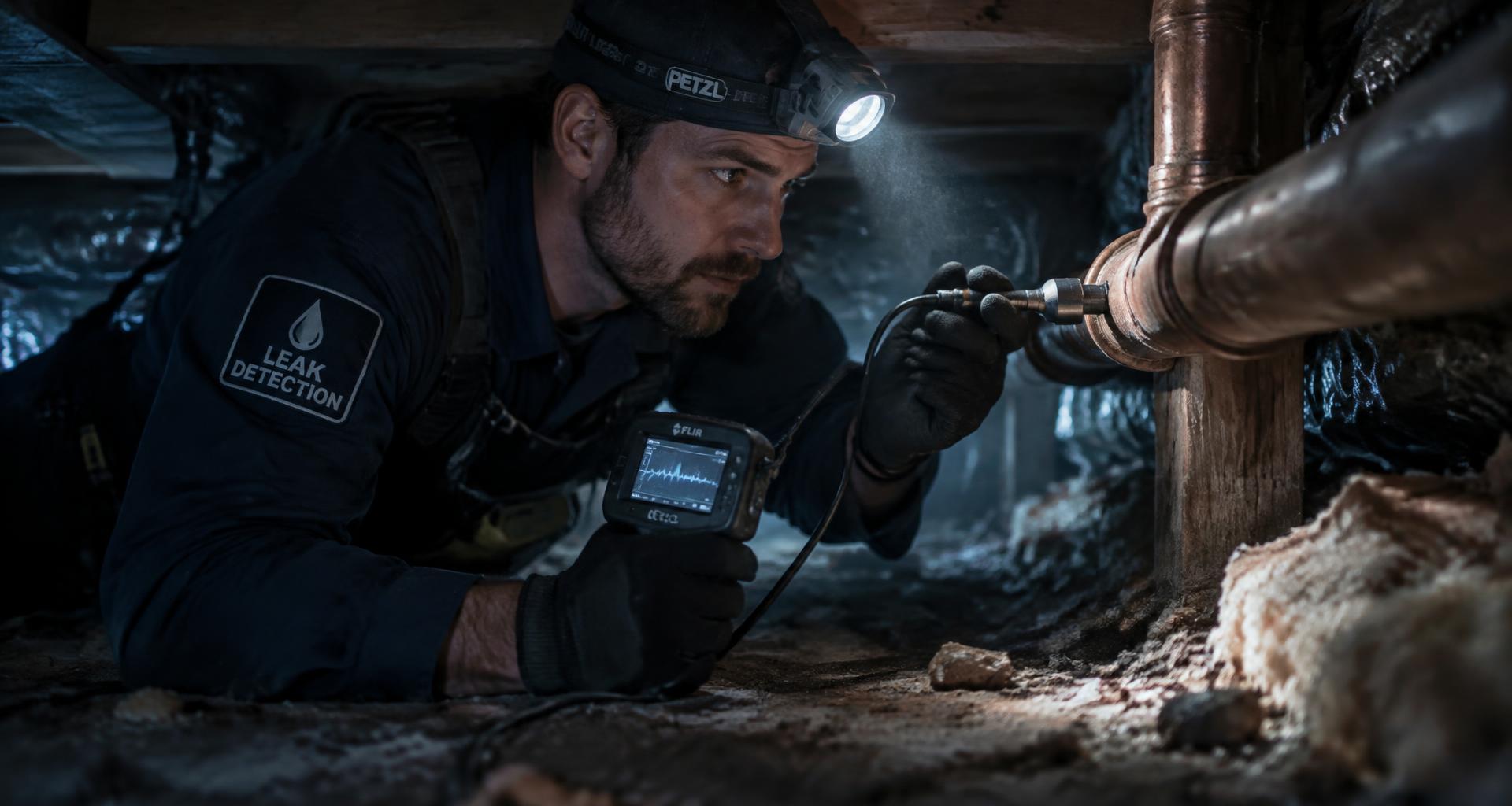 Technician locating a leak under a house with acoustic equipment